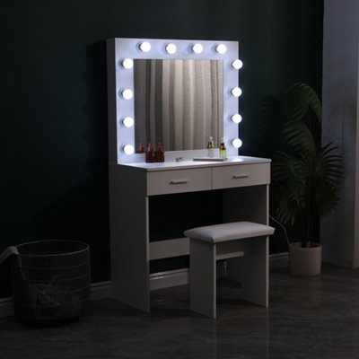 White Dressing Table Set with Hollywood LED Lighted Mirror, Vanity Makeup Table 2 Large Drawers and Stool
