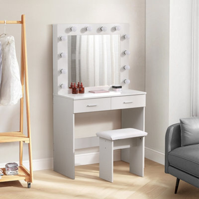 White Dressing Table Set with Hollywood LED Lighted Mirror, Vanity Makeup Table 2 Large Drawers and Stool