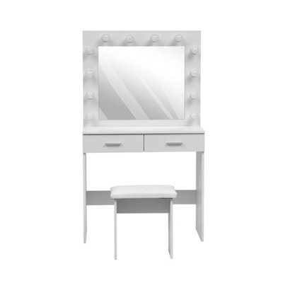 White Dressing Table Set with Hollywood LED Lighted Mirror, Vanity Makeup Table 2 Large Drawers and Stool