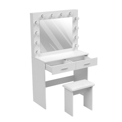 White Dressing Table Set with Hollywood LED Lighted Mirror, Vanity Makeup Table 2 Large Drawers and Stool