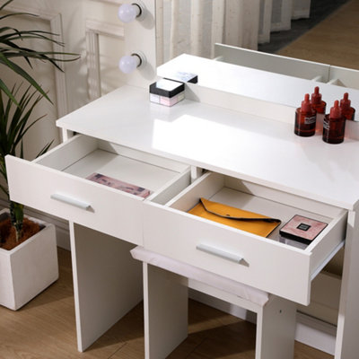 White Dressing Table Set with Hollywood LED Lighted Mirror, Vanity Makeup Table 2 Large Drawers and Stool