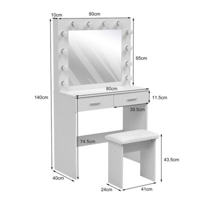 White Dressing Table Set with Hollywood LED Lighted Mirror, Vanity Makeup Table 2 Large Drawers and Stool
