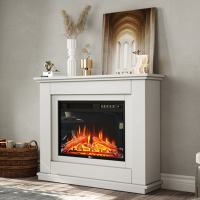 White Electric Fire Suite Black Fireplace Heater with White Wooden Surround Set Overall size 39 Inch