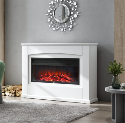 White Electric Fire Suite Black Fireplace Heater with White Wooden Surround Set Overall Size 48 Inch