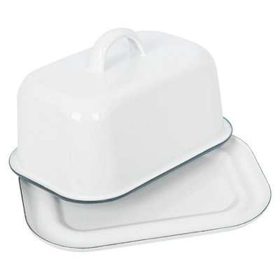 White Enamel Butter Dish - 18.5cm x 10cm - Green