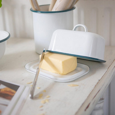 White Enamel Butter Dish - 18.5cm x 10cm - Green - 5