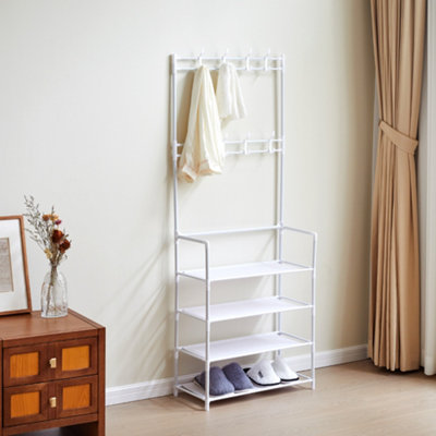 White Entryway Stand Coat Rack Coat Hanger with 4 Tier Shoe Storage Shelves 158cm H