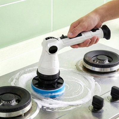 White Extendable Electric Cleaning Brush 8 Replaceable Brush Heads