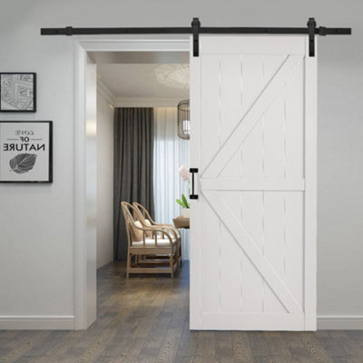 White Farmhouse Style Heavy Duty Wooden Barn Door with 6.6ft Sliding Hardware Kit