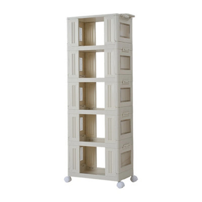 White Five-tier Foldable and Stackable Plastic Storage Rack with Wheels ...
