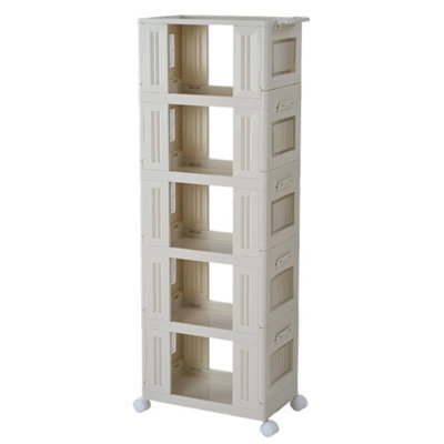 White Five-tier Foldable and Stackable Plastic Storage Rack with Wheels ...