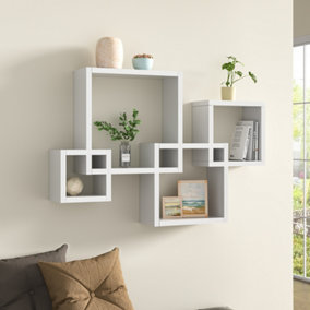 White Floating 4 Cube Intersecting Wooden Shelves Wooden Wall Mount Square Shelf