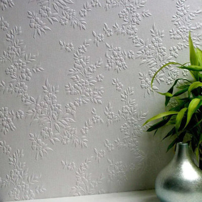 White Floral Paintable Wallpaper Duplex Embossed Portland Anaglypta