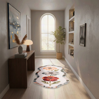White Floral Pattern Irregular-Shaped Faux Cashmere Rug with Non-Slip ...