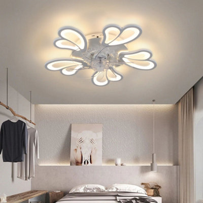 White Flower Shaped LED Dimmable Ceiling Fan Light with Remote Control and Bluetooth Control 24.4Inch
