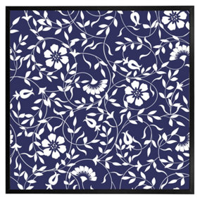 White flowers on navy (Picutre Frame) / 24x24" / Brown