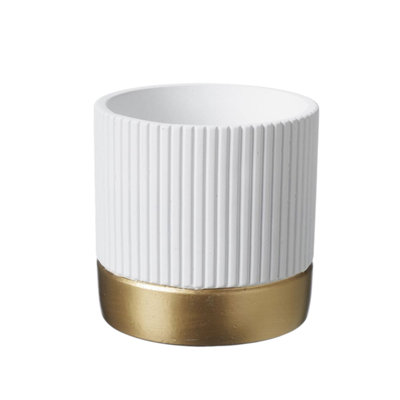 White Fluted Ceramic Indoor Plant Pot with Gold Base (H14 x W14cm)