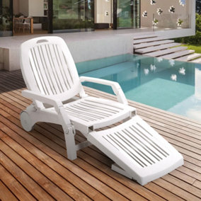 White Foldable Garden Sun Lounge Plastic Lounger Recliner Armchair with Wheels