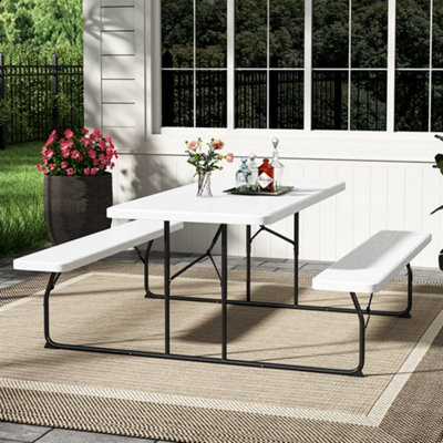 White Foldable Picnic Table Bench Set with Parasol Hole Portable Camping Trestle Table Chairs 6 Seater