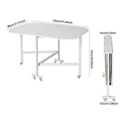 White Folding Drop Leaf Table with 6 Wheels