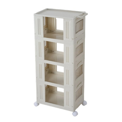 White Four-tier Foldable and Stackable Plastic Storage Rack with Wheels ...