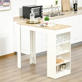 White frame with wood grain tabletop, bar table with side shelf storage