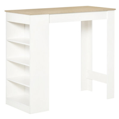 White frame with wood grain tabletop, bar table with side shelf storage