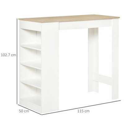 White frame with wood grain tabletop, bar table with side shelf storage