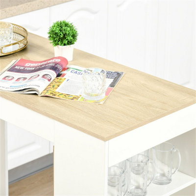 White frame with wood grain tabletop, bar table with side shelf storage