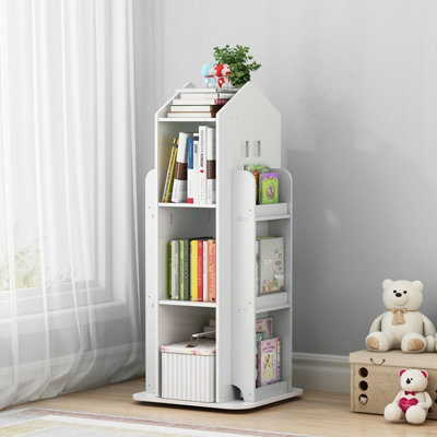 White Freestanding Rotating House Shaped Kids' Bookshelf Children's Bookcase