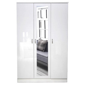 White gloss 3 Door Triple Wardrobe with Mirror