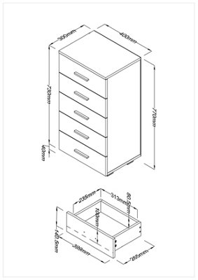 White gloss 5 drawer narrow Lido chest of drawers