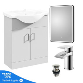White Gloss 650mm Floor Standing 2-Door Vanity Unit & Round Basin with Round Chrome Tap and Black Framed Mirror