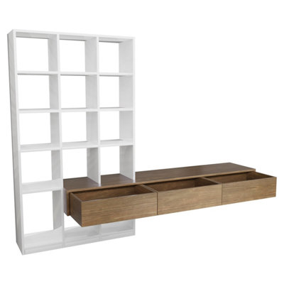 White Gloss and Oak Wall Mounted Open Bookshelves with Drawers - Everett