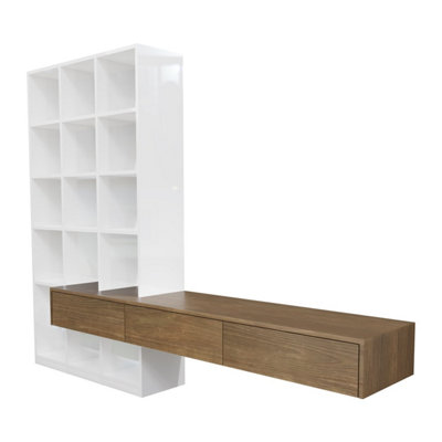 White Gloss and Oak Wall Mounted Open Bookshelves with Drawers - Everett