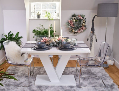 White Gloss Dining Table Compact Small Kitchen Table Extending 120 to 160cm V Pedestal Leg 6 8 Seater Masy