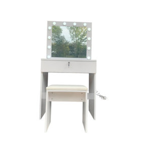 White Gloss Dressing Table With LED light Bulbs and Stool