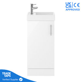 White Gloss Floor Standing Vanity Unit 400mm with Chrome Tap, Waste & Handle