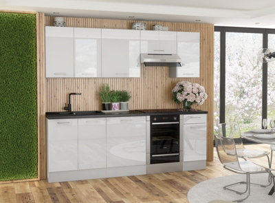 White Gloss Kitchen Cabinets Set 7 Units Base Wall Soft Close Chrome Handles 240cm Complete Small Kitchen Ella