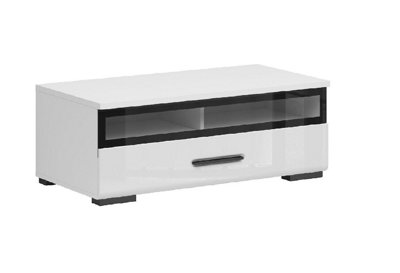 White Gloss TV Cabinet TV Unit Entertainment Stand Glass Drawer Black Rim Assen