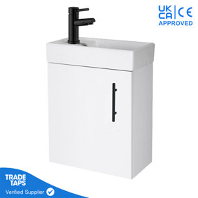 White Gloss Wall Hung Vanity Unit 400mm with Black Tap, Waste & Handle
