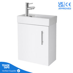 White Gloss Wall Hung Vanity Unit 400mm with Chrome Tap, Waste & Handle