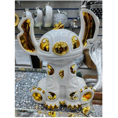 White Gold Crushed Diamond Stitch Ceramic Sparkly Shelf Sitter Ornament