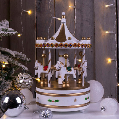 White & Gold Wooden Carousel Music Box Christmas Decoration - Fully ...