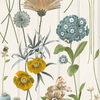 White Green Floral Wallpaper Beaded Wood Panel Effect Bees Smooth Finish Bedroom