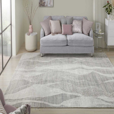 White Grey Abstract Wool Luxurious Modern Easy to Clean Abstract Dining Room Bedroom and Living Room Rug -170cm X 240cm