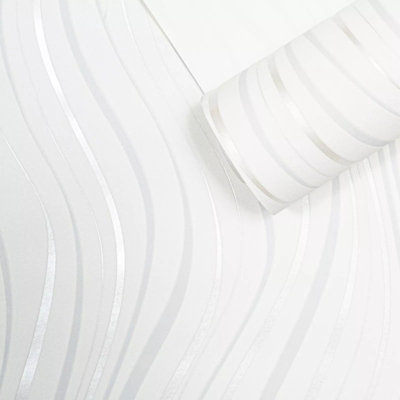 White Grey Wave Wallpaper Luxury Metallic Shimmer, Textured Vinyl, Paste the Wall, Washable, Strippable (Full Roll)