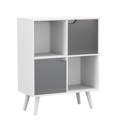 White, Grey, White - 4-Cube Storage Unit with 2 Wooden Doors and Legs