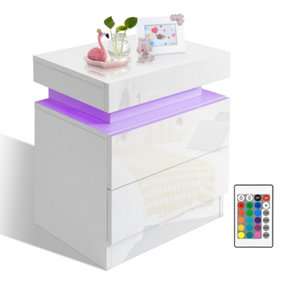 White High Gloss Bedside Table with LED lights and 2 Drawers