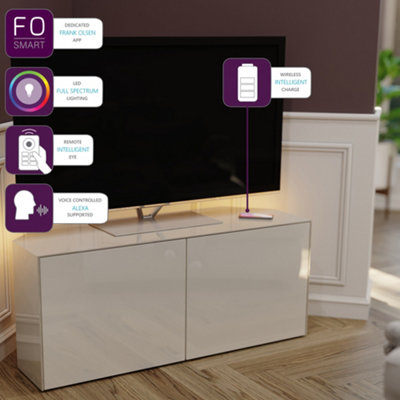 White High Gloss  Corner Tv Cabinet 1200, with wireless phone charging and Alexa or app operated LED mood lighting